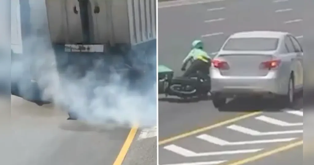 Watch: Delivery rider gets knocked down by driver; police warn against sudden swerving