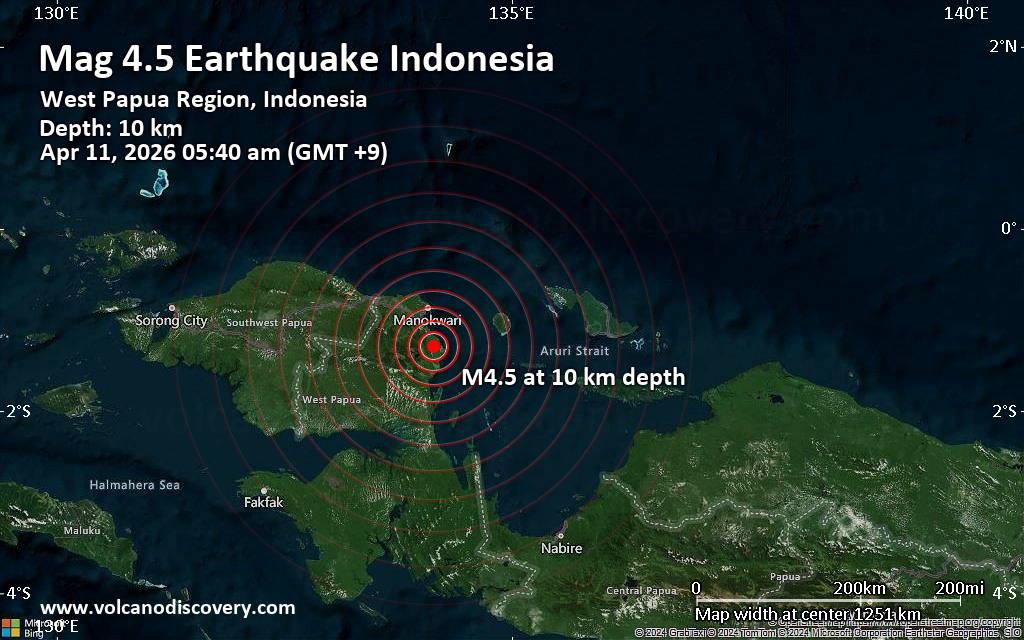 Moderate Magnitude 4.5 Earthquake 48 km South of Manokwari, Indonesia