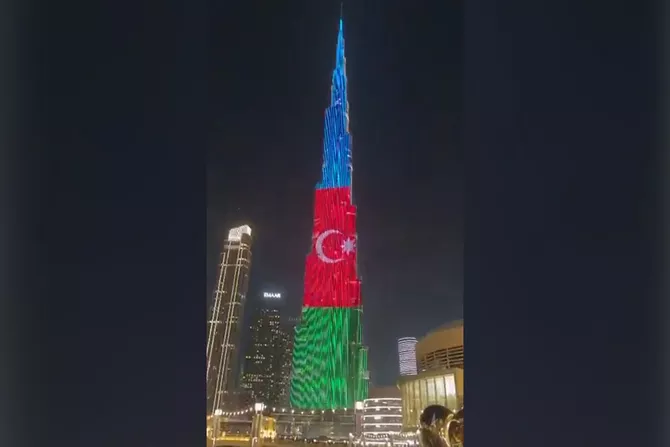 Burj Khalifa in Dubai Shines in Colors of Azerbaijani Flag