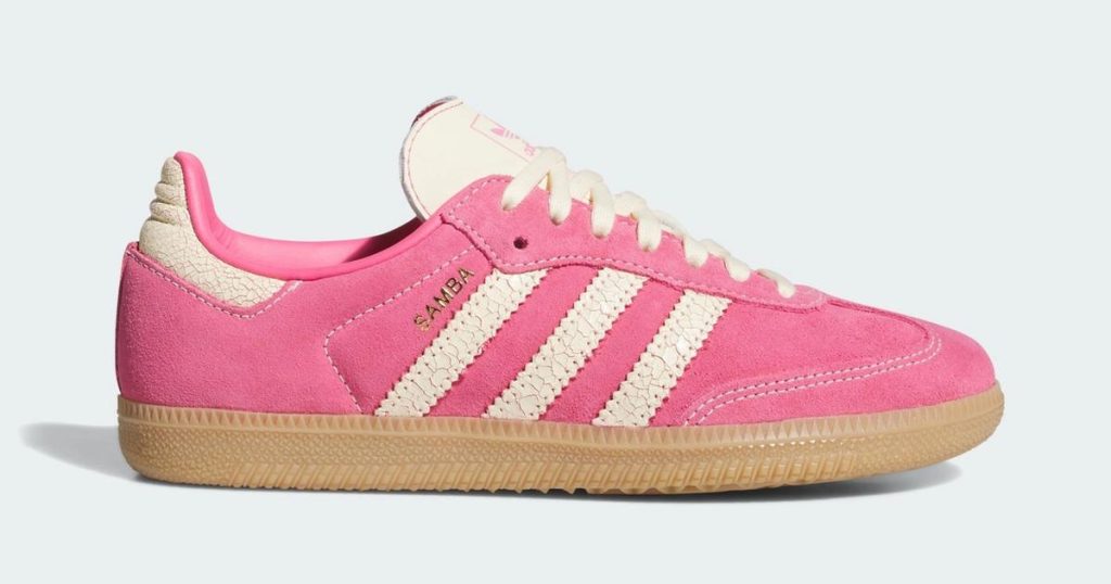 adidas Places Cracked Leather Trim on these “Pink Fusion” Sambas