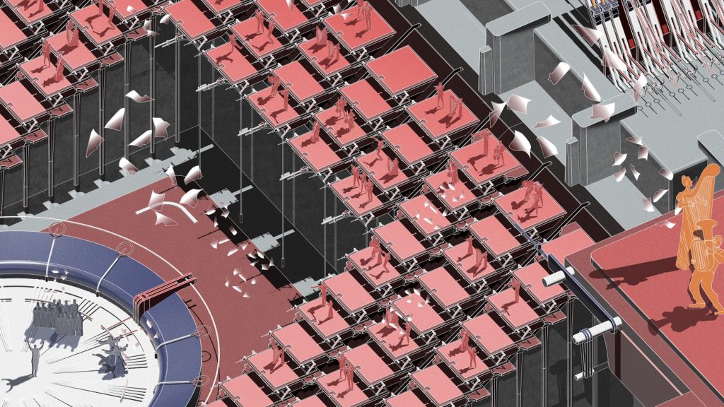 Perspective drawings of ritual-hosting interiors among projects by Hong Kong Polytechnic University