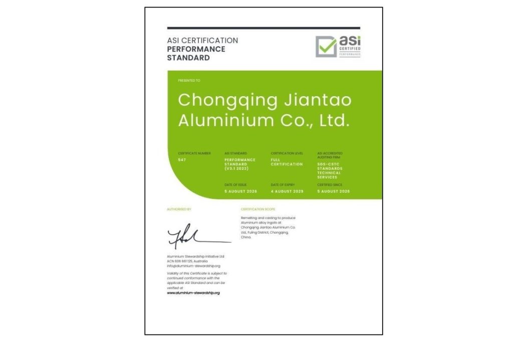 ASI certifies Chongqing Jiantao Aluminium Co., Ltd. against Performance Standard V3.1